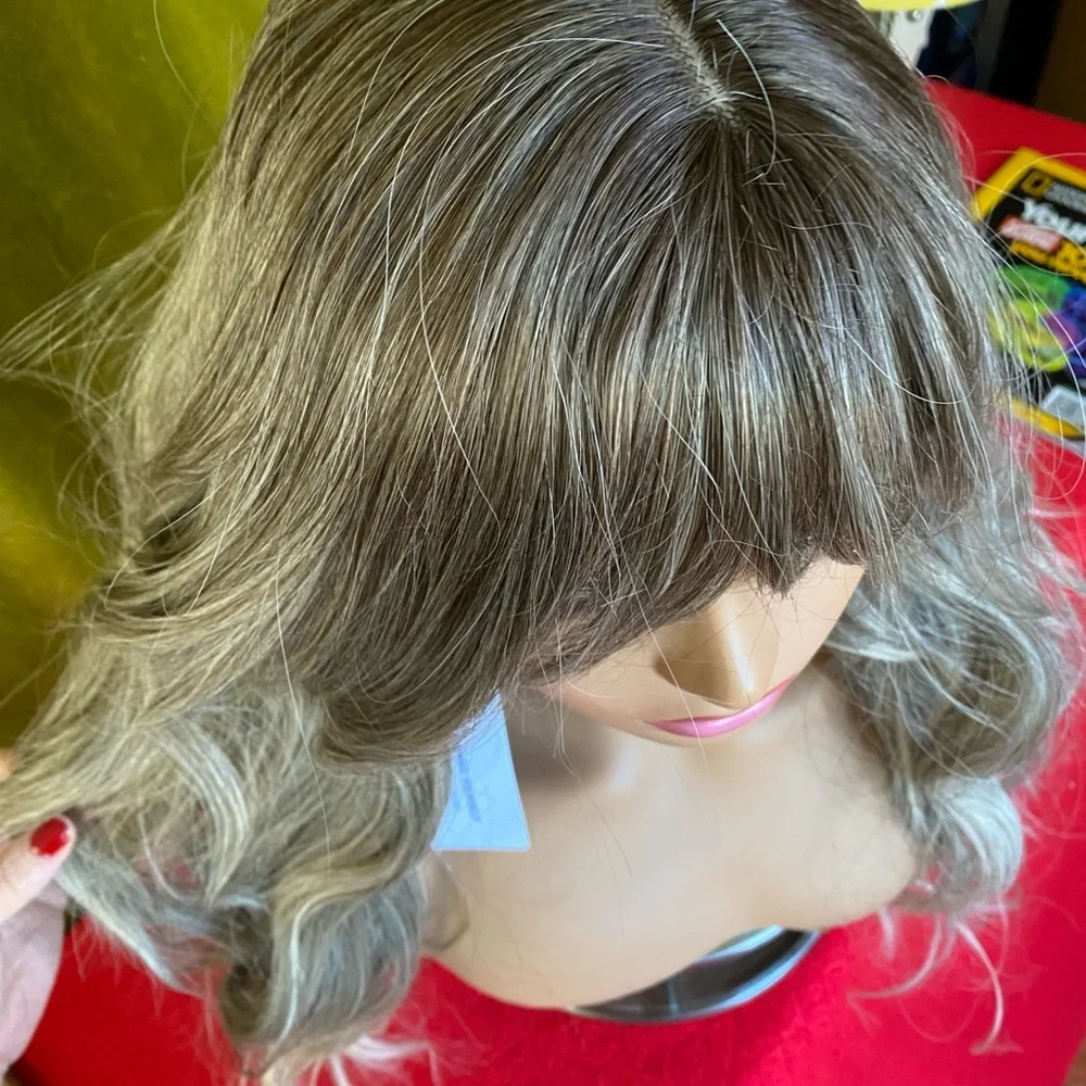 Ash tones brunette blonde wig with bangs